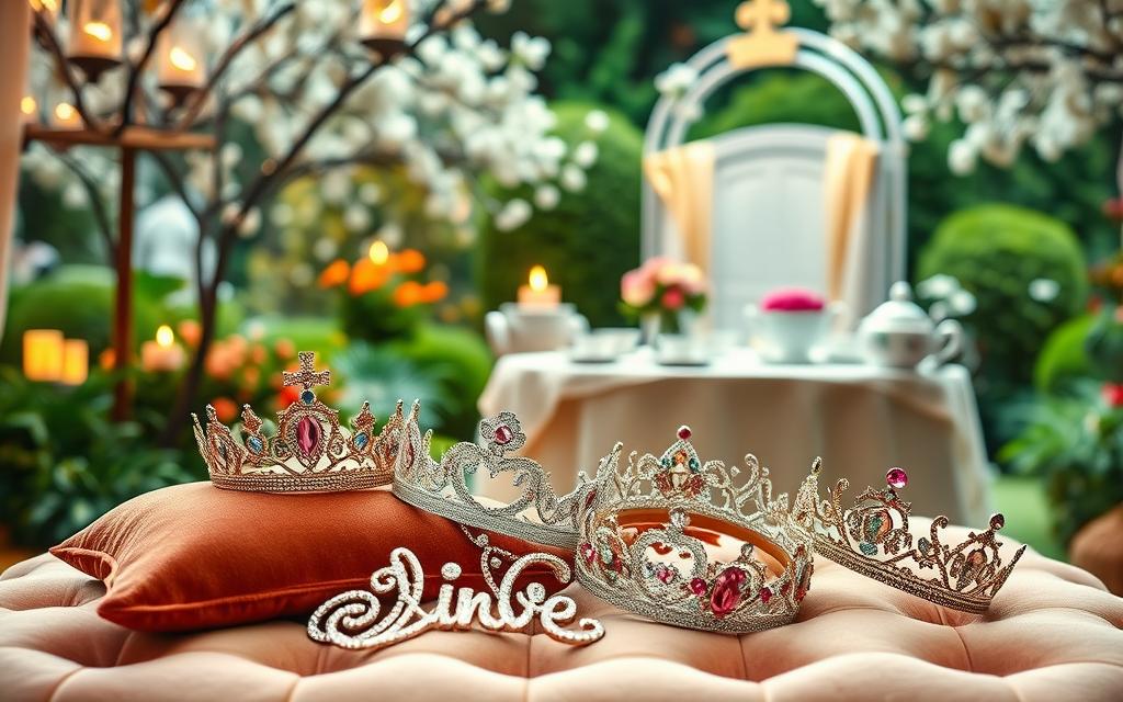 A charming princess-themed birthday party scene. In the foreground, a collection of delicate crowns, tiaras, and sparkling jewelry lie atop a plush velvet cushion. The middle ground features an elegant table set with porcelain teacups, lace-trimmed tablecloths, and vases of fresh flowers. In the background, a lush, dreamy garden with blossoming trees and a whimsical fairy-tale archway, illuminated by soft, warm lighting. The atmosphere is one of enchantment, elegance, and the joyful celebration of a young princess's special day.