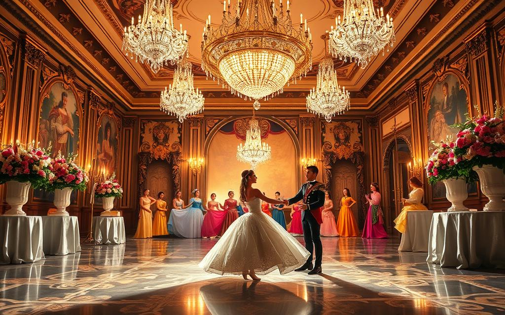 A grand, elegant ballroom adorned with sparkling chandeliers and opulent floral arrangements. In the center, a young princess in a shimmering ball gown twirls gracefully, accompanied by a dashing prince in regal attire. Soft, warm lighting illuminates the scene, casting a dreamy, magical atmosphere. In the background, a troupe of colorfully costumed performers enact a captivating fairy tale narrative, bringing the princess's storybook world to life. Ornate tapestries and intricate architectural details create a lavish, immersive setting, transporting the viewer to a realm of enchantment and wonder.