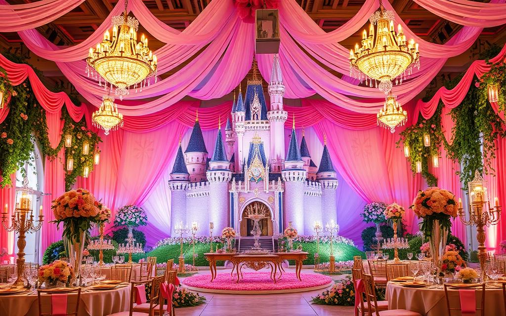 A lavish princess-themed birthday celebration in a enchanting, whimsical kingdom. A grand castle centerpiece with turrets and spires, surrounded by a lush, flower-filled garden. Elegant chandeliers cast a warm, magical glow over the scene. Opulent banners and bunting in pastel pinks, purples, and gold adorn the walls. Delicate glass-and-crystal centerpieces, gilded candelabras, and ornate, ornamental tableware create an opulent, regal atmosphere. Fantastical fantasy elements like glittering fairy lights, cascading vines, and floating lanterns add a touch of dreamlike wonder. The overall mood is one of joyful celebration in a enchanting, storybook-inspired setting.