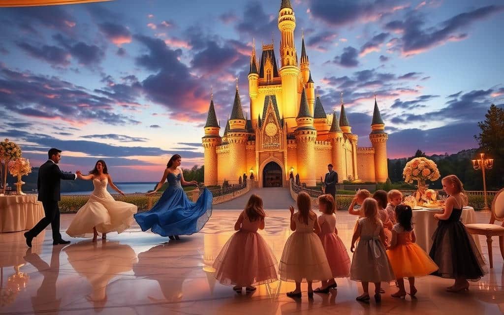 A majestic castle stands tall against a breathtaking twilight sky, its towers and turrets bathed in a warm, golden glow. Elegant ballroom dancers glide across a marble floor, their flowing gowns and suits creating a swirl of color and grace. Delicate floral arrangements adorn ornate tables, where a sumptuous feast awaits. In the foreground, a group of children in princess-inspired dresses and prince-like attire gather, their faces alight with wonder and anticipation. Soft lighting casts a magical, whimsical atmosphere, inviting the viewer to imagine the joyous celebration unfolding within this enchanting royal fête.