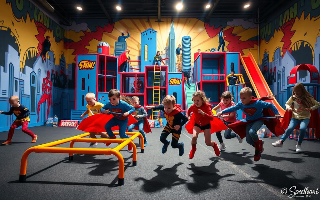 A vibrant, action-packed scene of superhero-themed birthday activities. In the foreground, children in colorful superhero costumes compete in a relay race, leaping over obstacles and passing batons. The middle ground features a large play structure resembling a futuristic cityscape, with kids scaling walls and sliding down chutes. In the background, a backdrop of comic book-inspired graphics and bold primary colors sets the energetic atmosphere. Dramatic lighting casts dynamic shadows, creating a sense of movement and excitement. The composition is framed to capture the dynamic interactions and playful energy of the superhero-themed birthday celebration.