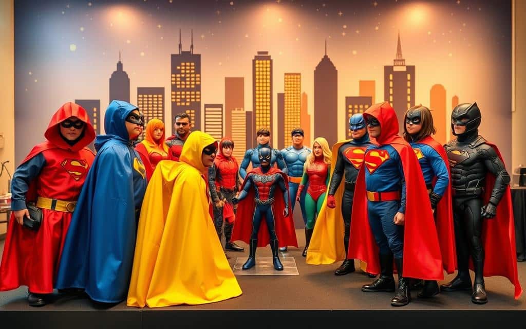 A vibrant display of superhero costumes, carefully tailored for a birthday celebration. In the foreground, a dynamic array of capes, masks, and utility belts in bold primary colors, meticulously crafted to capture the heroic essence of iconic characters. The middle ground showcases an ensemble of action figures, each striking a powerful pose, ready to spring into adventurous play. The background features a whimsical cityscape, complete with skyscrapers and a starry night sky, creating a sense of adventure and wonder. Soft, diffused lighting illuminates the scene, lending a sense of magic and celebration to the festivities. The overall atmosphere exudes a playful, imaginative spirit, perfect for a superhero-themed birthday party.