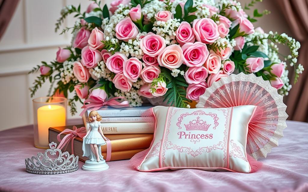 A whimsical assortment of princess-themed gifts and keepsakes arranged on a plush, velvet-draped table. In the foreground, a sparkling tiara, a delicate porcelain figurine, and a hand-stitched satin pillow with an ornate embroidered design. In the middle ground, a stack of illustrated storybooks, a gilded jewelry box, and a silk fan with intricate lace detailing. The background features a lavish floral arrangement overflowing with pink roses, baby's breath, and cascading greenery, all illuminated by soft, warm lighting that casts a dreamlike glow.