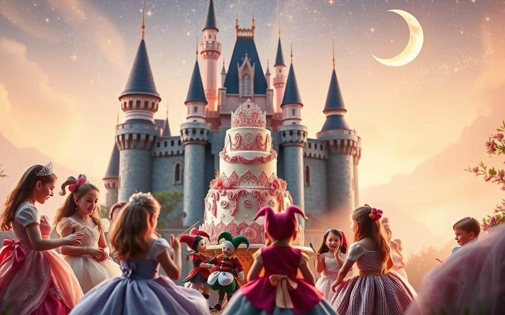 A whimsical birthday celebration for a charming princess, captured in a vibrant fantasy landscape. In the foreground, a group of children in elaborate princess costumes engage in a lively game of musical chairs, their laughter and excitement filling the air. In the middle ground, a towering birthday cake adorned with intricate icing designs and crowned with a glittering tiara takes center stage, surrounded by a parade of dancing jester figures. The background features a majestic castle with turrets and spires, set against a sky filled with shimmering stars and a crescent moon. Warm, soft lighting bathes the scene, creating an enchanting, storybook-like atmosphere.