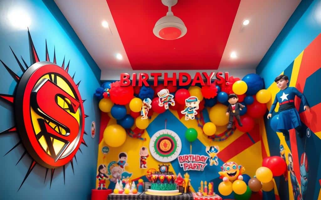Vibrant superhero-themed birthday décor fills the room, adorned with dynamic comic book graphics and playful 3D figurines. The foreground showcases a larger-than-life superhero emblem emblazoned on the wall, casting a heroic glow. In the middle ground, an array of colorful balloons, streamers, and hanging cutouts of iconic superheroes create an immersive atmosphere. The background features a bold, geometric pattern in bold primary colors, complementing the superhero motif. Soft, directional lighting from above highlights the detailed decorations, evoking a sense of celebration and excitement. The overall scene exudes a playful, dynamic, and visually striking superhero-themed birthday party vibe.
