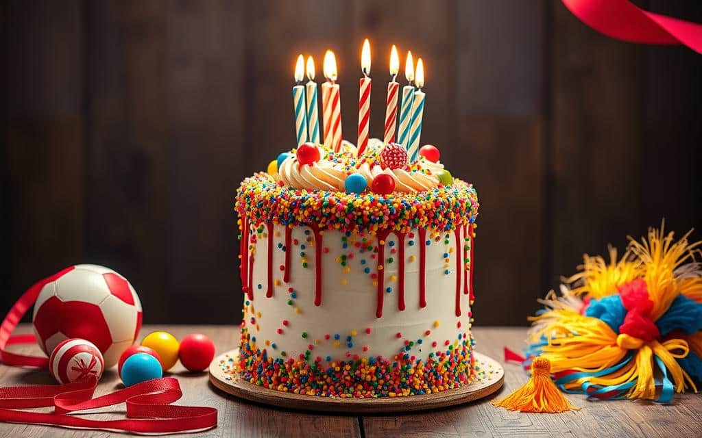 A colorful and whimsical circus-themed birthday cake stands tall, adorned with intricate fondant decorations. Multicolored sprinkles and candy accents cascade down the sides, evoking the energy of a big top performance. Striped candles flicker atop the cake, casting a warm glow and inviting the viewer to join the celebration. The cake is positioned on a rustic wooden table, surrounded by vibrant circus-inspired props such as juggling balls, tasseled ribbons, and a colorful clown wig. Dramatic lighting from above highlights the cake's details, creating depth and texture. An air of festivity and delight permeates the scene, perfectly capturing the essence of a circus-themed birthday party.