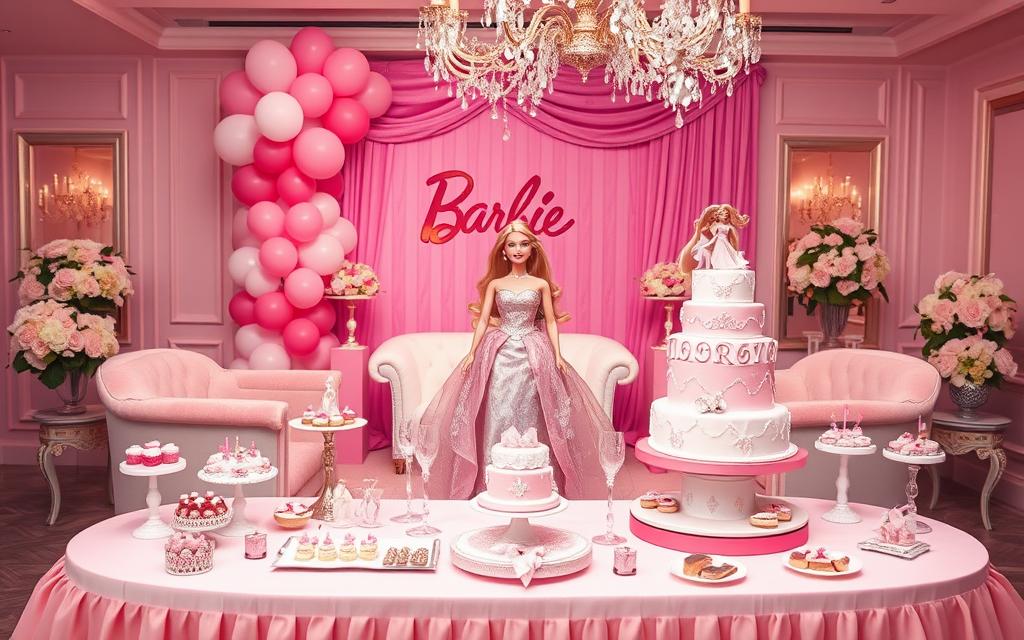 A glamorous and elegant Barbie-themed party scene. In the foreground, a beautifully decorated table with a pastel pink tablecloth, a towering pink and white birthday cake adorned with Barbie dolls, and an assortment of Barbie-inspired treats and desserts. In the middle ground, a life-size Barbie doll in a shimmering gown stands among an arrangement of pink and white balloons, creating a whimsical and celebratory atmosphere. The background features a stylish room with plush pink furniture, a sparkling chandelier, and a large Barbie-pink backdrop, evoking the glamour and sophistication of a Barbie dreamhouse. Soft, warm lighting casts a gentle glow over the scene, highlighting the intricate details and creating a magical, feminine ambiance.
