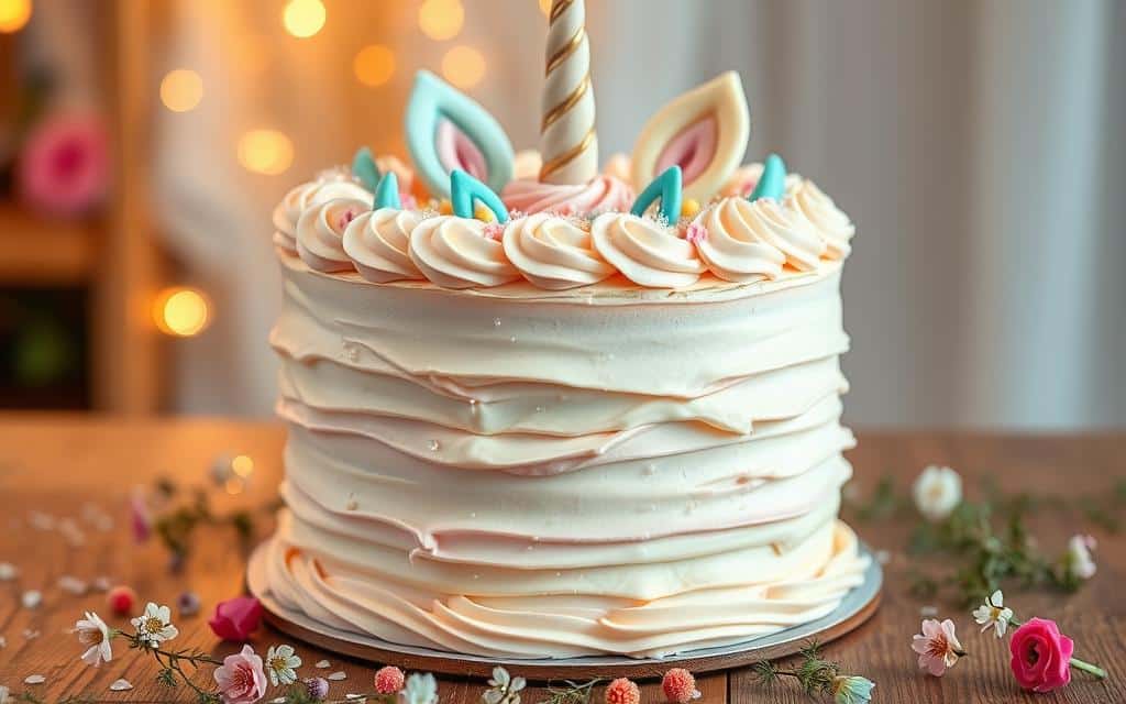 A magnificent unicorn-themed birthday cake, adorned with pastel-colored fondant horns, manes, and decorations. The cake's layers are filled with a delicate, creamy frosting, creating a visually stunning and mouthwatering dessert. Delicate, iridescent sugar crystals glimmer on the surface, reflecting the soft, warm lighting that bathes the scene. The cake is presented on a wooden table, with a scattering of fresh flowers and greenery, creating a enchanting, whimsical atmosphere that would delight any partygoer. The overall composition is balanced and inviting, capturing the essence of a magical unicorn-themed birthday celebration.