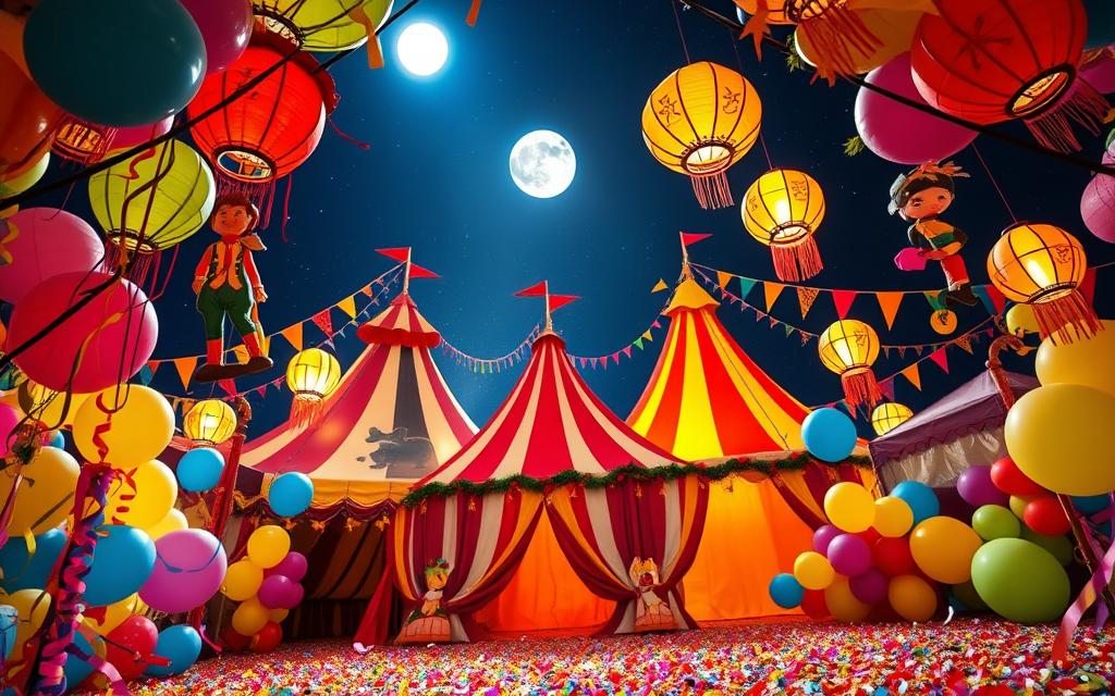 A vibrant circus-themed birthday celebration, with a dynamic array of whimsical decorations. In the foreground, a dazzling array of colorful balloons, streamers, and confetti cascading down, creating a sense of playful energy. In the middle ground, towering circus tents in bold, primary colors, adorned with playful patterns and intricate designs. Intricate paper lanterns, shaped like animals and circus performers, hang from the tent structures, casting a warm, enchanting glow. In the background, a starry night sky, with a full moon shining overhead, adding to the dreamlike, magical atmosphere. The lighting is soft and diffused, creating a sense of wonder and awe. The camera angle is positioned to capture the full depth and scale of the scene, inviting the viewer to step into this enchanting, circus-inspired world.