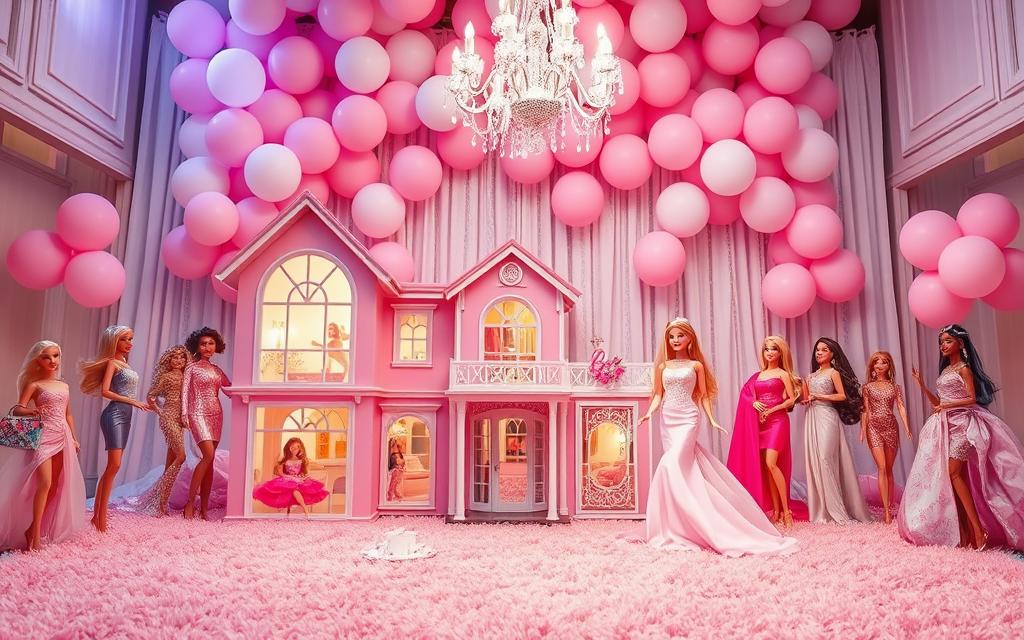 A whimsical Barbie-themed party décor, bathed in soft pastel hues and shimmering accents. In the foreground, a gleaming Barbie Dreamhouse takes center stage, its windows aglow with warm lighting. Surrounding it, a plush pink shag rug and an array of Barbie dolls in various poses, each one a study in glamour and elegance. In the middle ground, an elegant chandelier casts a gentle spotlight, highlighting the delicate lace and satin accents that adorn the space. The background features a backdrop of pink and white balloons, floating effortlessly and creating a sense of celebration and joy. The overall atmosphere is one of whimsy, femininity, and the timeless allure of the Barbie brand.