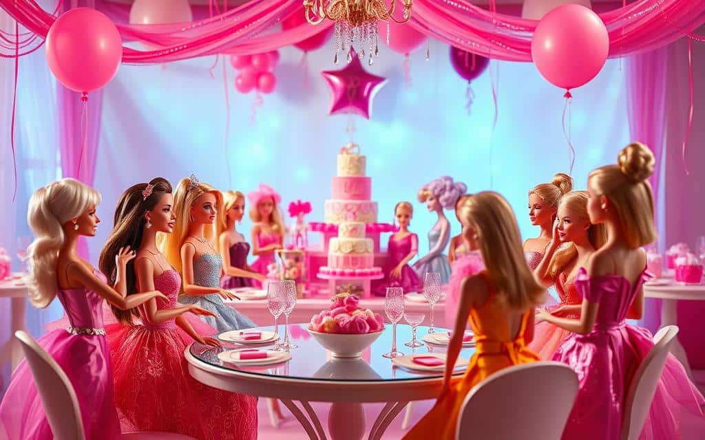 A whimsical Barbie-themed party scene with an assortment of fun and colorful games. In the foreground, a group of Barbie dolls engaged in a lively game of charades, their glamorous outfits and accessories gleaming under soft, warm lighting. In the middle ground, a table is set with an array of Barbie-inspired party favors and decorations, including a towering cake, balloons, and streamers in shades of pink and purple. The background features a dreamy, pastel-hued backdrop, evoking the enchanting world of Barbie. The overall atmosphere is one of joy, celebration, and a touch of whimsy, perfectly capturing the spirit of an unforgettable Barbie-themed birthday party.