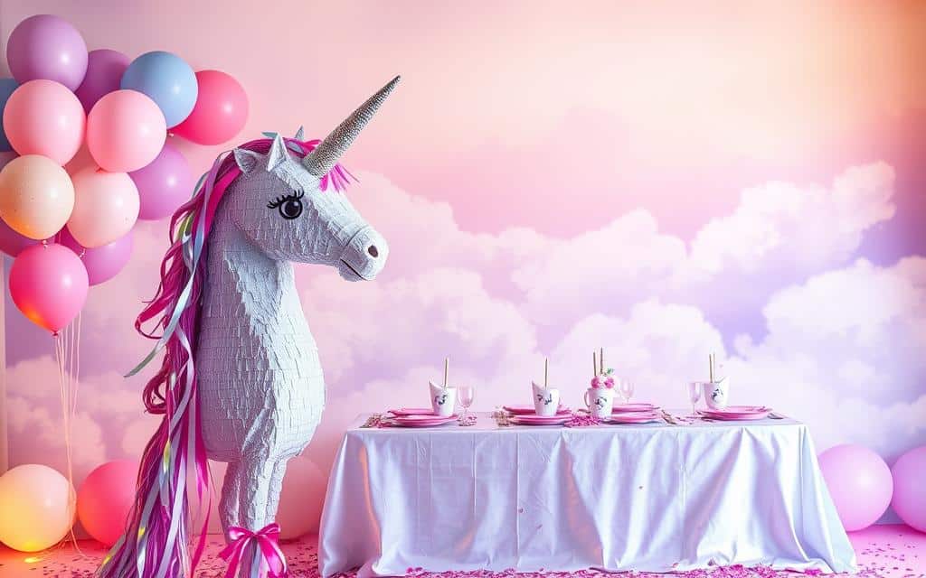 A whimsical and magical unicorn-themed birthday décor scene. In the foreground, a large, vibrant unicorn piñata adorned with glittering horn, mane, and iridescent ribbons. Surrounding it, an array of colorful balloons in pastel shades of pink, purple, and blue, floating gently. In the middle ground, a long table covered in a shimmering, holographic tablecloth, set with unicorn-shaped plates, cups, and utensils. Shimmering unicorn-themed confetti sprinkled artfully across the table. In the background, a backdrop of fluffy, wispy clouds against a soft, gradient sky, creating a whimsical, dreamlike atmosphere. Warm, diffused lighting casts a magical glow over the entire scene.