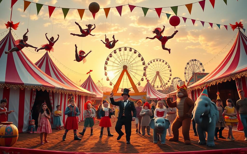 A whimsical birthday circus celebration, featuring a vibrant array of acrobatic performers, playful animal characters, and colorful decorations. In the foreground, graceful aerialists twirl and tumble against a backdrop of striped tents and twinkling lights. The middle ground showcases a ringmaster leading a parade of mischievous clowns, jugglers, and a friendly elephant. In the distance, a Ferris wheel and other carnival rides create a festive atmosphere, illuminated by a warm, golden sunset glow. The scene exudes a sense of enchantment and wonder, perfectly capturing the spirit of an unforgettable circus-themed birthday party.