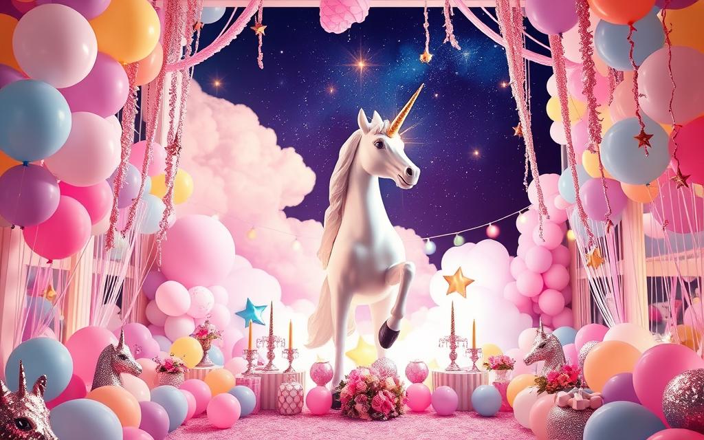 A whimsical unicorn-themed birthday celebration, with a magical, enchanting atmosphere. In the foreground, a vibrant array of pastel-colored balloons, streamers, and glittering unicorn decorations adorn the space, creating a captivating and joyful setting. The middle ground features a towering, majestic unicorn statue, its horn shimmering under soft, warm lighting that casts a dreamlike glow throughout the room. In the background, wisps of pastel-hued clouds and a starry night sky create a sense of wonder and enchantment, transporting the viewer to a fantastical, fairytale-inspired realm. The overall composition exudes a magical, whimsical energy that perfectly encapsulates the essence of a memorable unicorn-themed birthday celebration.